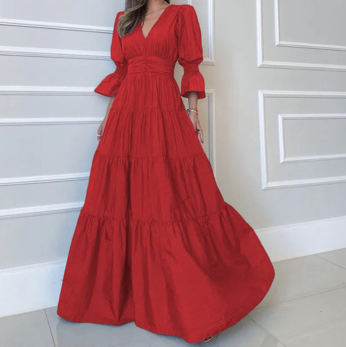  A-linie Maxi Sommerkleid mit V Ausschnitt Lang in Rot