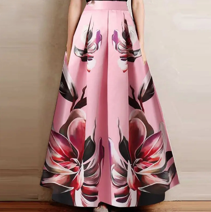 A Linie Maxi Satin Sommer Rock 2024 Marei Lang in Rosa mit Blumen