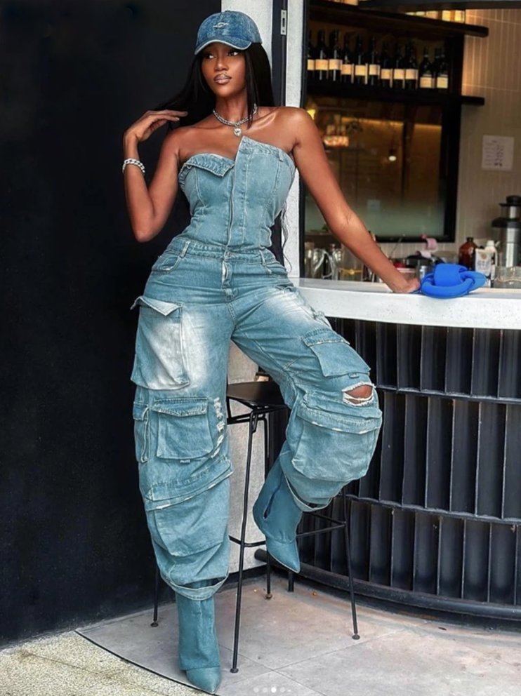 Bustie Sommer Jeans Einteiler 2024 Jumpsuit One Pice Schulterfrei Lang Lässig in Hellblau