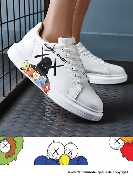 Neuheiten | Sesame Street Cartoon Leder Turnschuhe in Weiß | Damenmode