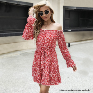 2023 Sommer Sexy Schulterfreies Kurze Kleid für Damen Blumenmuster Langarm Stran